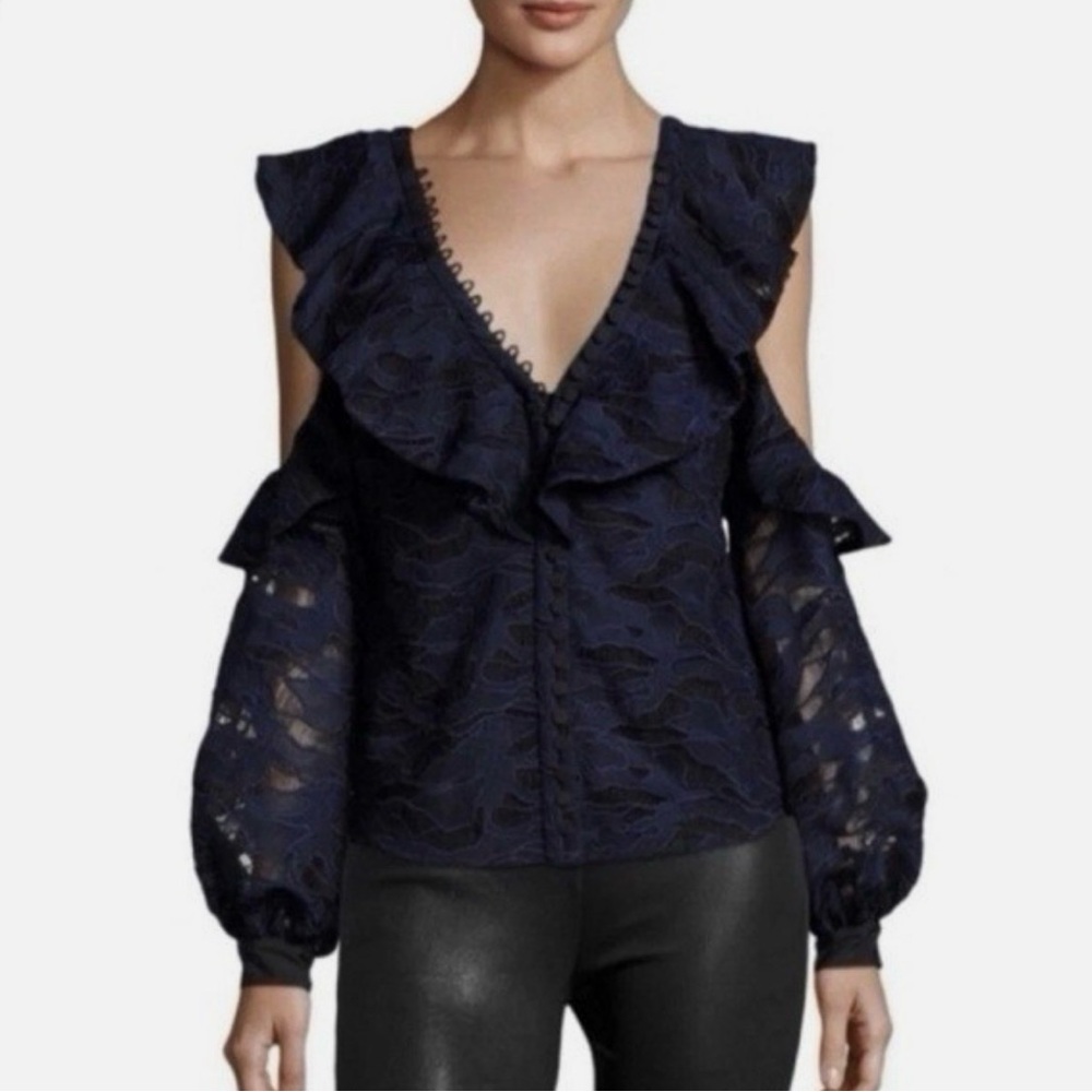 🦋 US 6 Self-Portrait Navy Lace Cold-Shoulder Ruffle Top
